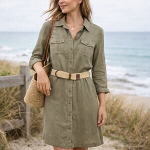Tahara Linen Blend Button-Up Dress Women's Size 10 Light Brown Belted Coastal